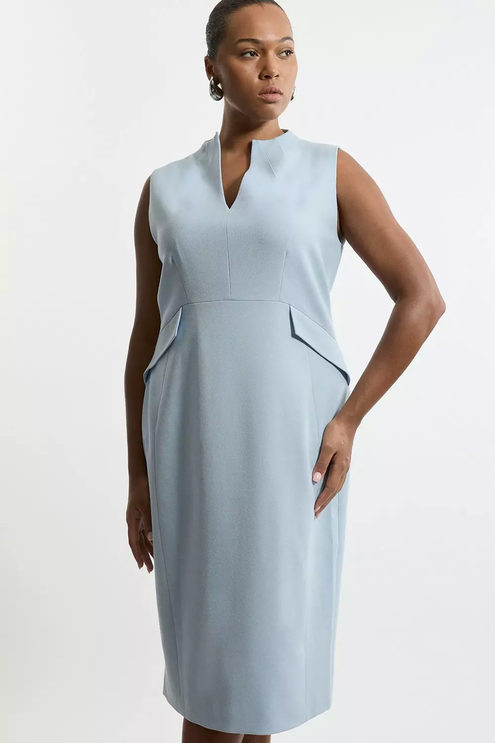 Karen Millen Womens Plus Size Structured Crepe High Neck Tailored Midi Pencil Dress Pale Blue Size 14